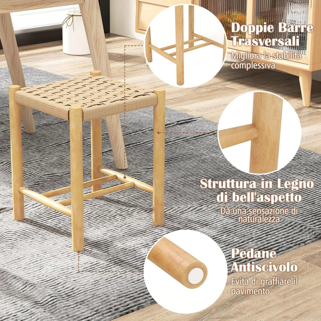 Set di 2 Sgabelli Intrecciata in Carta, Sgaballi Poggipiedi in Legno, Fino a 150 kg, 36 x 36 x 45 cm