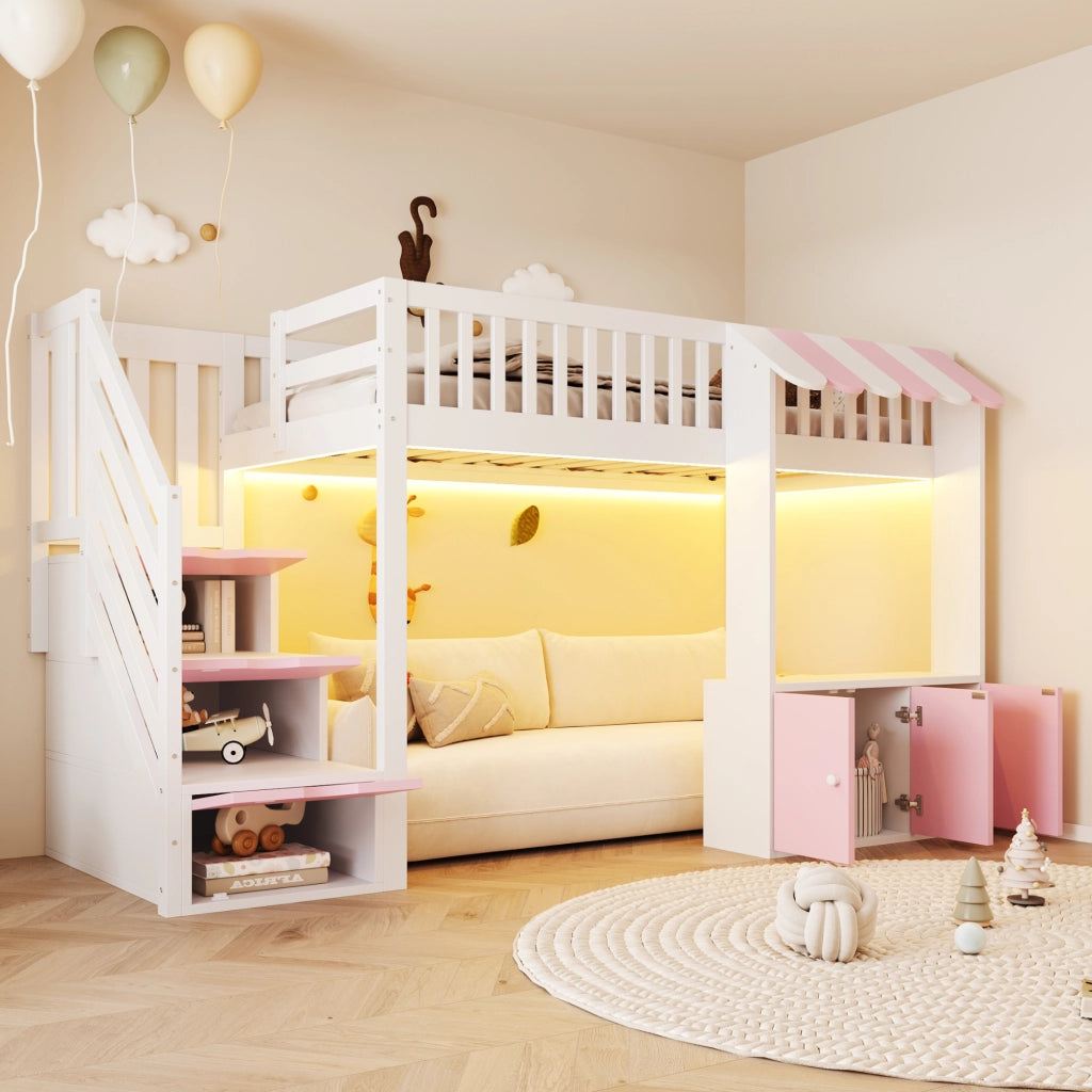 Letto a soppalco in legno con armadio e scala contenitore, 90x200 cm, rosa