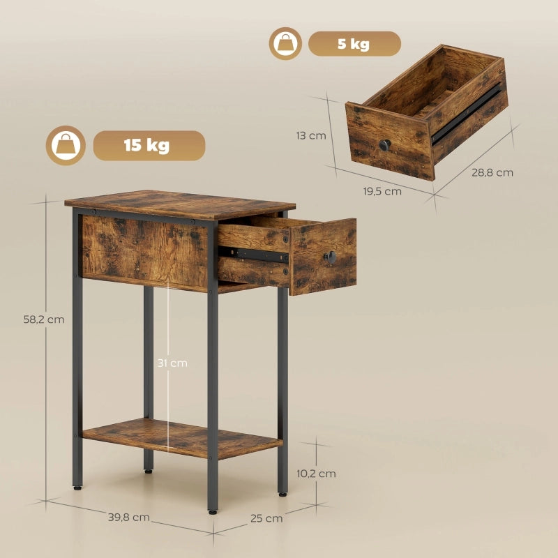 Tavolino basso con cassetto e vano aperto, in legno e metallo, per soggiorno e camera da letto, marrone, 25 × 39,8 × 58,2 cm
