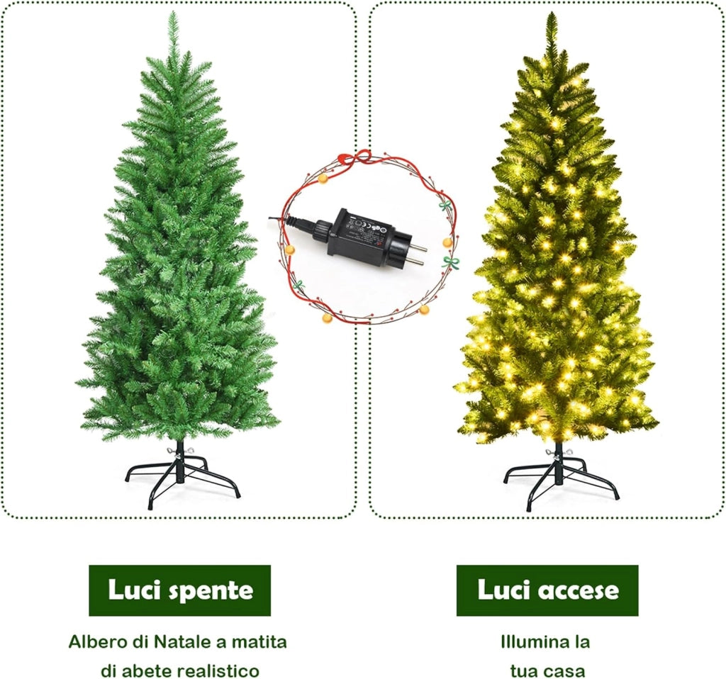 Albero di Natale Slim 150 cm, Albero di Natale con 150 Luci LED, 300 Rami Folti e Base di Metallo, Decorazione Natalizia per Casa e Ufficio (150cm)