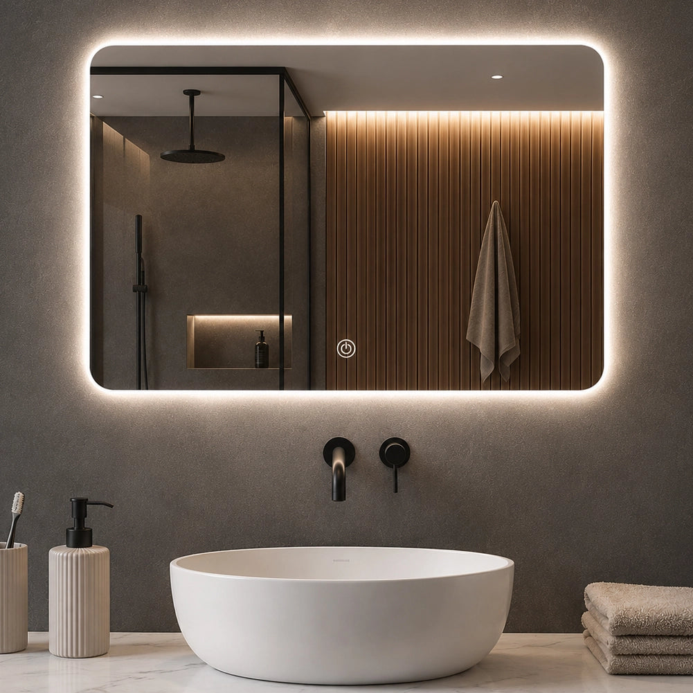 Specchio Rettangolare 70x50 cm con LED 3 Colori Dimmerabile Pulsante Touch