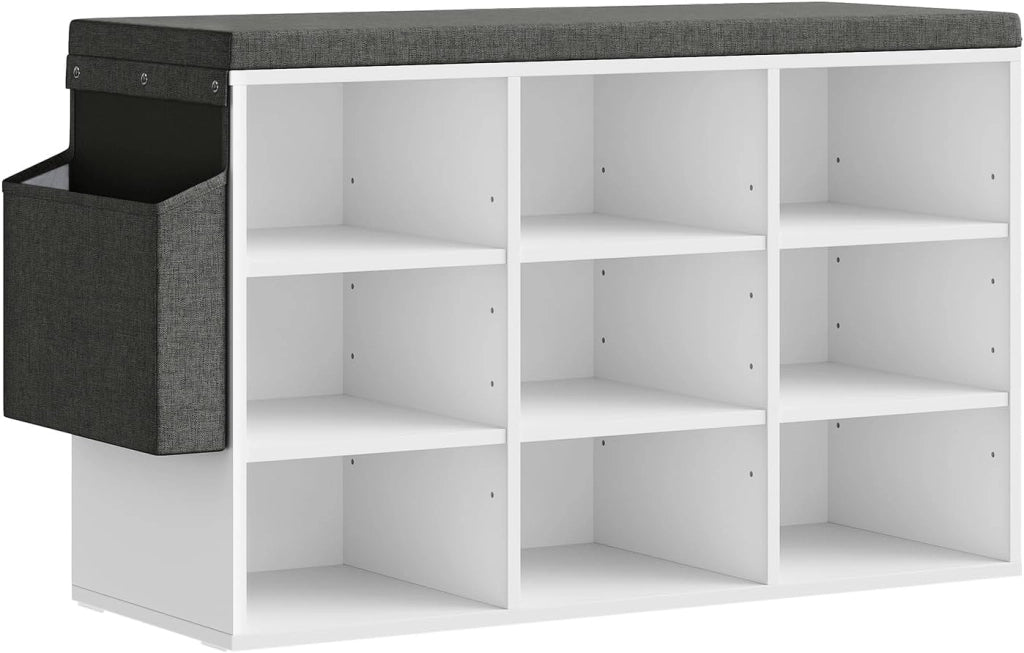 WOLTU Panca Scarpiera da Ingresso, Scaffale Porta Scarpe a 9 Scomparti con Seduta Imbottita, Mobile da Ingresso Salvaspazio in Legno, Bianco, 76,8x30x48,5 cm