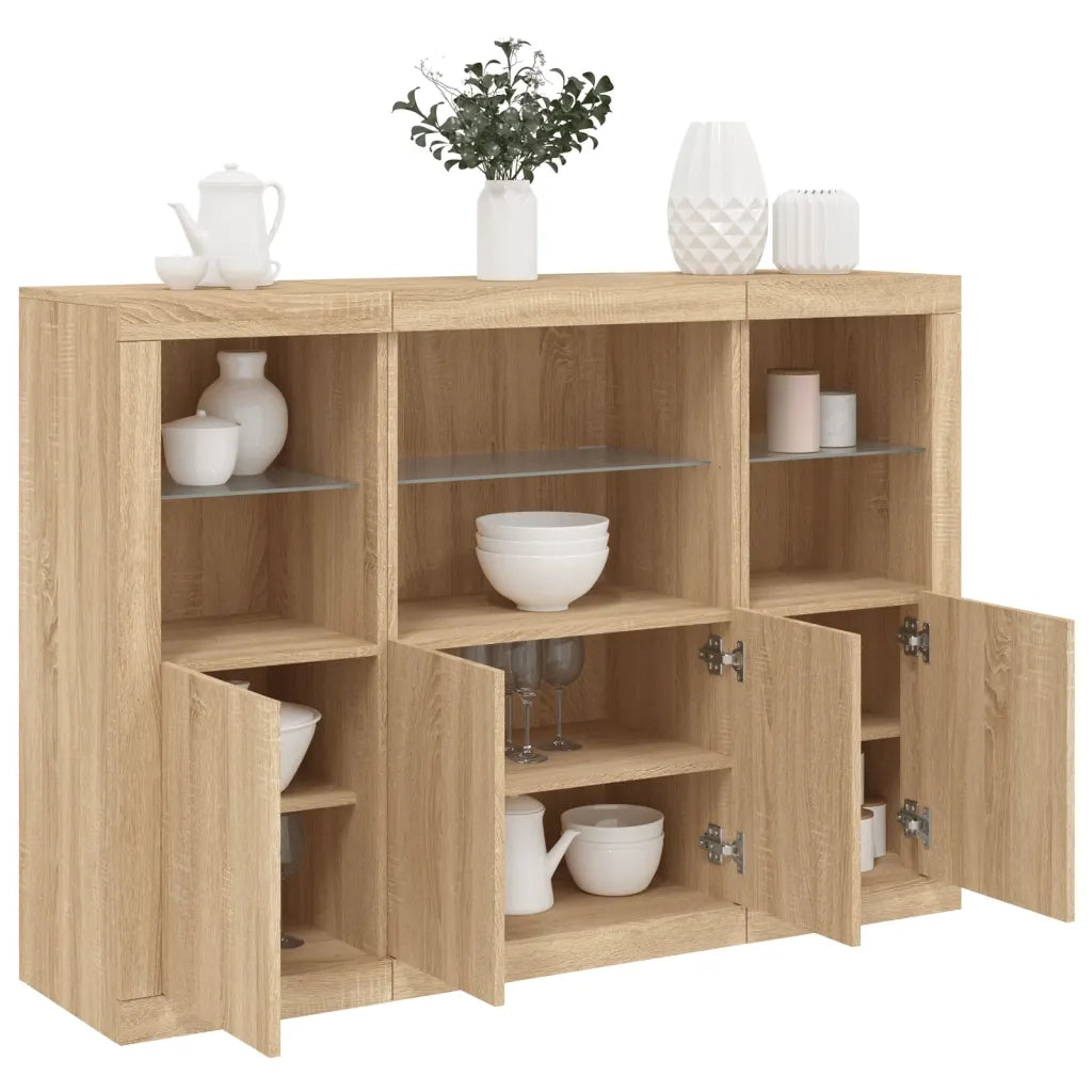 Credenze con Luci LED 3 pz | Madia | Buffet da pranzo | Armadio da pranzo Rovere Sonoma in Legno Multistrato