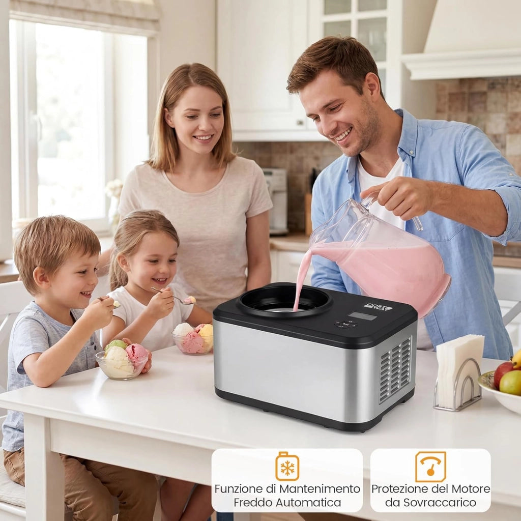 Gelatiera con Compressore 1,5 L, Macchina del Gelato con 4 Modalità, Display LED, Timer 24 Ore e Ciotola Rimovibile, Gelatiera Autorefrigerante in Acciaio Inox per Gelato, Yogurt e Sorbetto