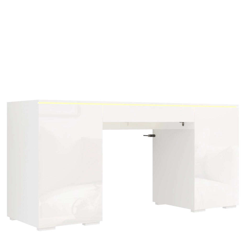 Scrivania moderna 140x50 cm in bianco lucido con LED; 1 cassetto e 2 ante