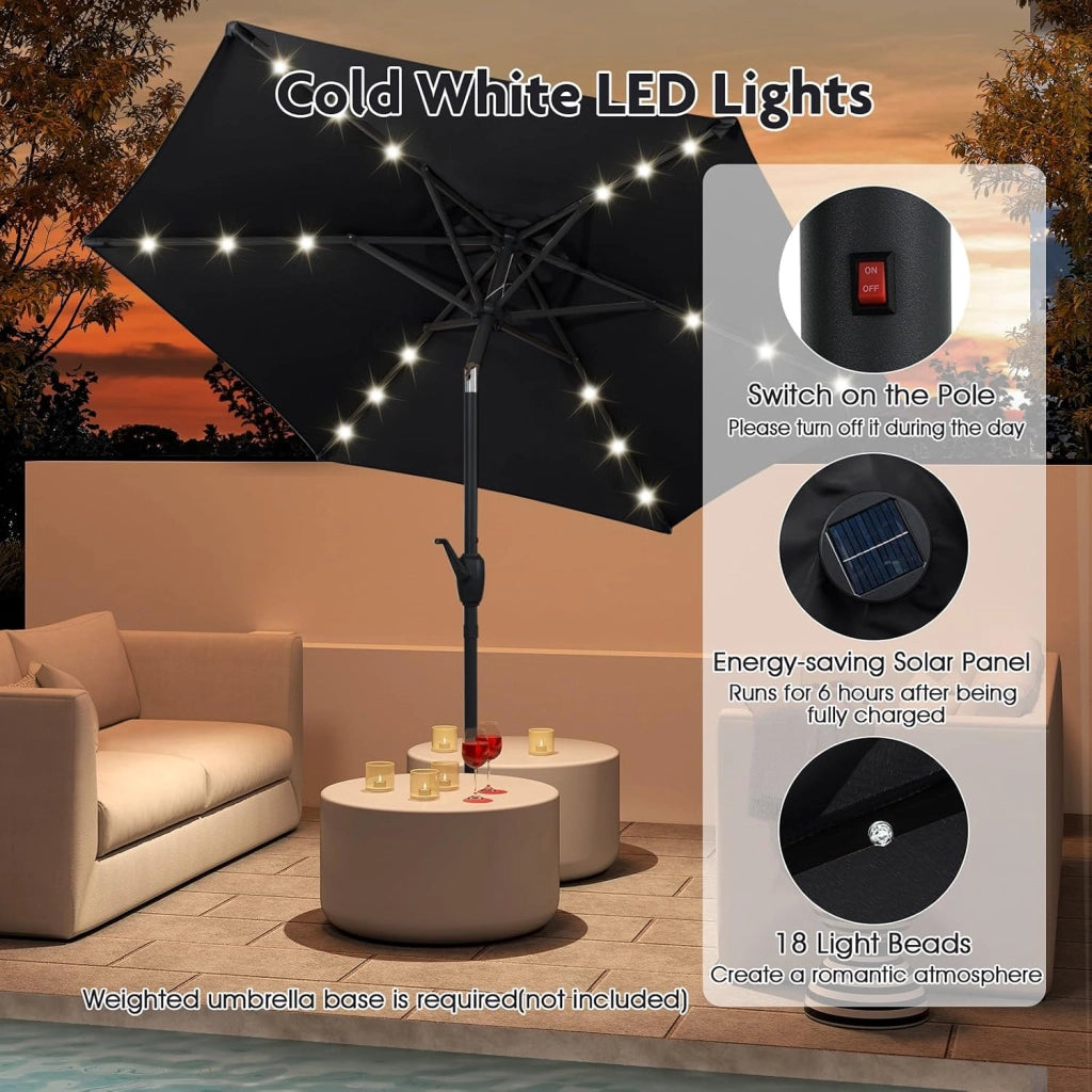 Ombrellone da Giardino con LED 230 cm, Ombrellone da Spiaggia Inclinabile e Portatile, con 6 Aste e Manovella in Metallo, Anti UV, da Esterno per Patio, Piscina, Mercato, Terrazzo