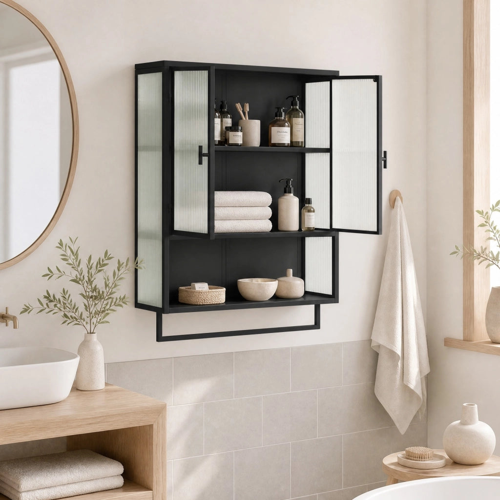 Credenza da parete moderna nera con ante in vetro, ripiano aperto e barra porta asciugamani, 60 x 23 x 78 cm