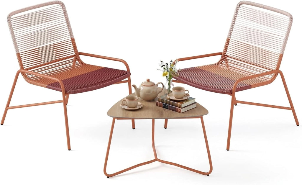 Set di mobili da giardino in rattan, piccolo balcone, set da 2 sedie con tavolo, mobili per 2 persone, mobili da terrazza, set da giardino, resistente alle intemperie, set di mobili per
