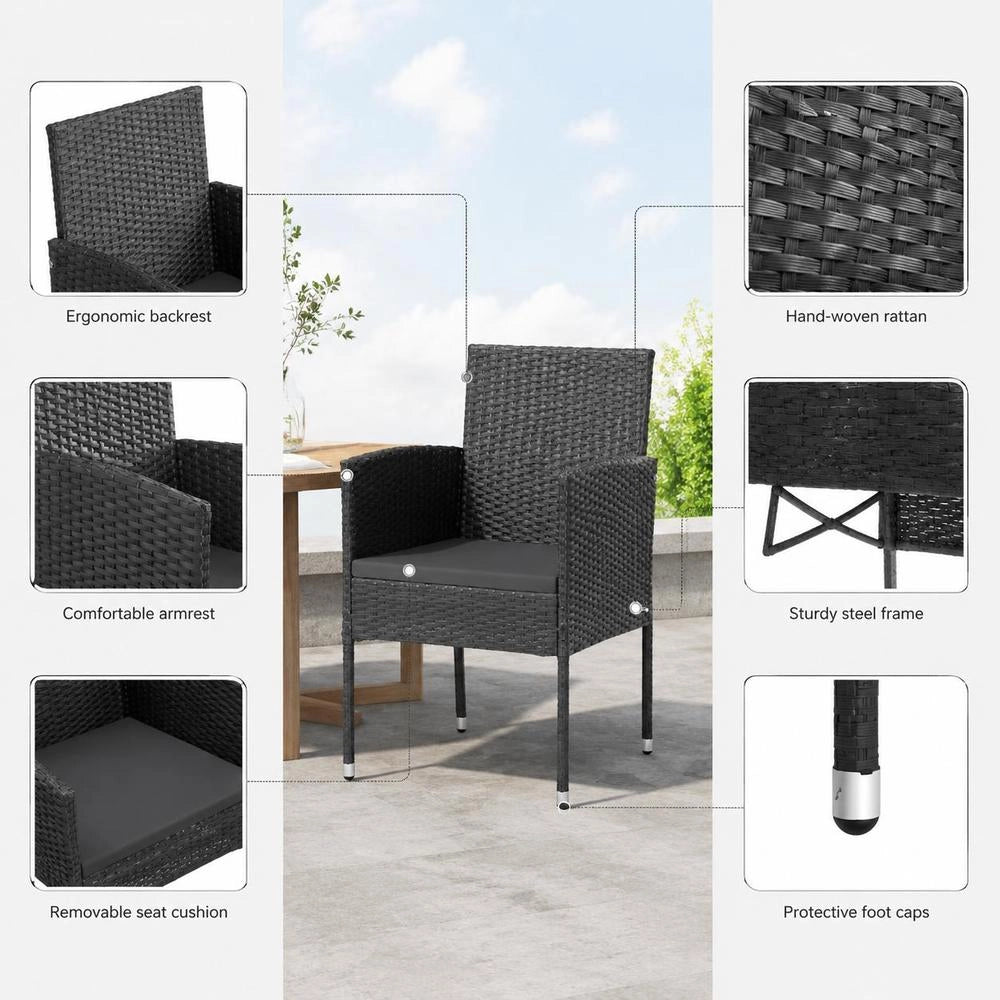 Garden Chairs With Cushions In Black, Set Of 4. Black Polyrattan.
