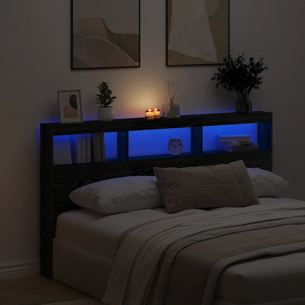 Testiera con Contenitore a LED Rovere Nero 180x17x102 cm 863136