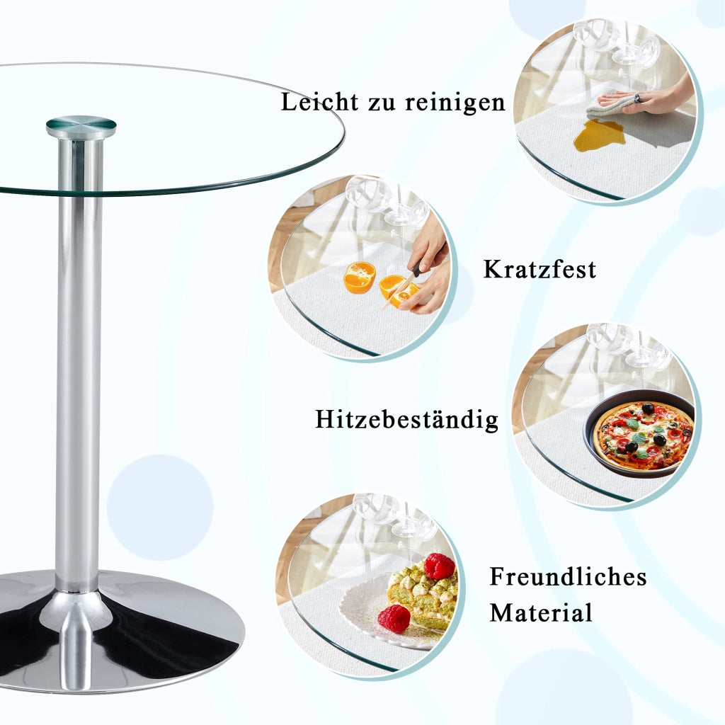 Tavolo da pranzo con piano rotondo in vetro e base in metallo per home bar e locali, argento, 89 × 89 × 92 cm