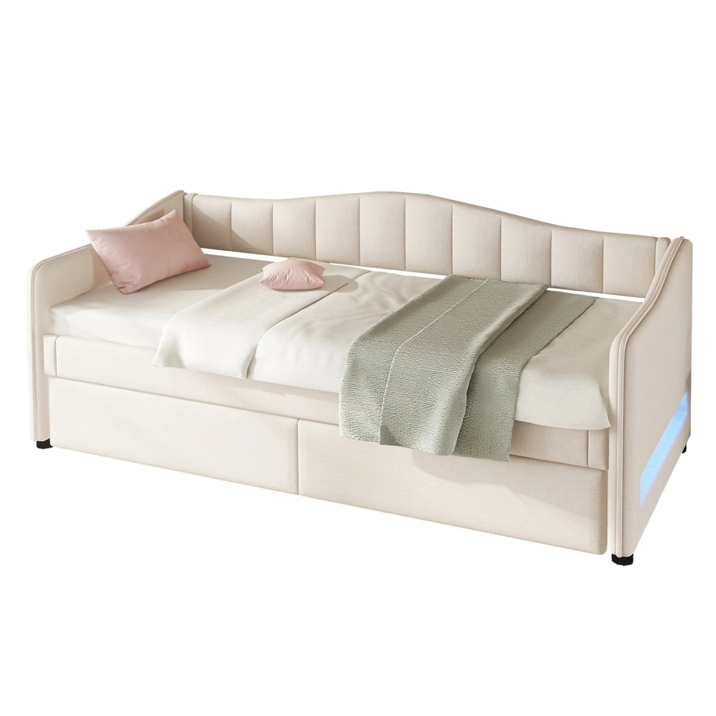 OKWISH Letto a Scomparsa 90×200 cm, Letto Singolo con Letto Estraibile, LED Regolabile e Luce d’Atmosfera, senza Materasso, Lino, Beige