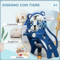 Scivolo per Bambini 18-36 Mesi con Canestro da Basket Laterale in PE, 133x60x70 cm, Blu e Grigio