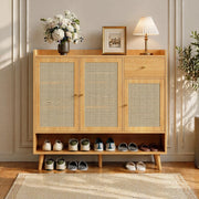 Scarpiera con 3 ante 1 cassetto e 5 ripiani, mobile contenitore per ingresso con gambe in legno, 120 × 35 × 106 cm