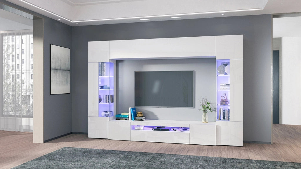 Parete Attrezzata Soggiorno 200x40x35 cm Egypt Bianco Lucido