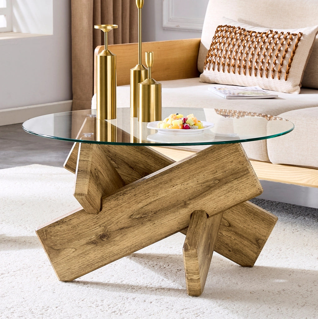 Tavolino da caffè rotondo 79 cm in MDF e vetro trasparente; struttura a croce; colore legno