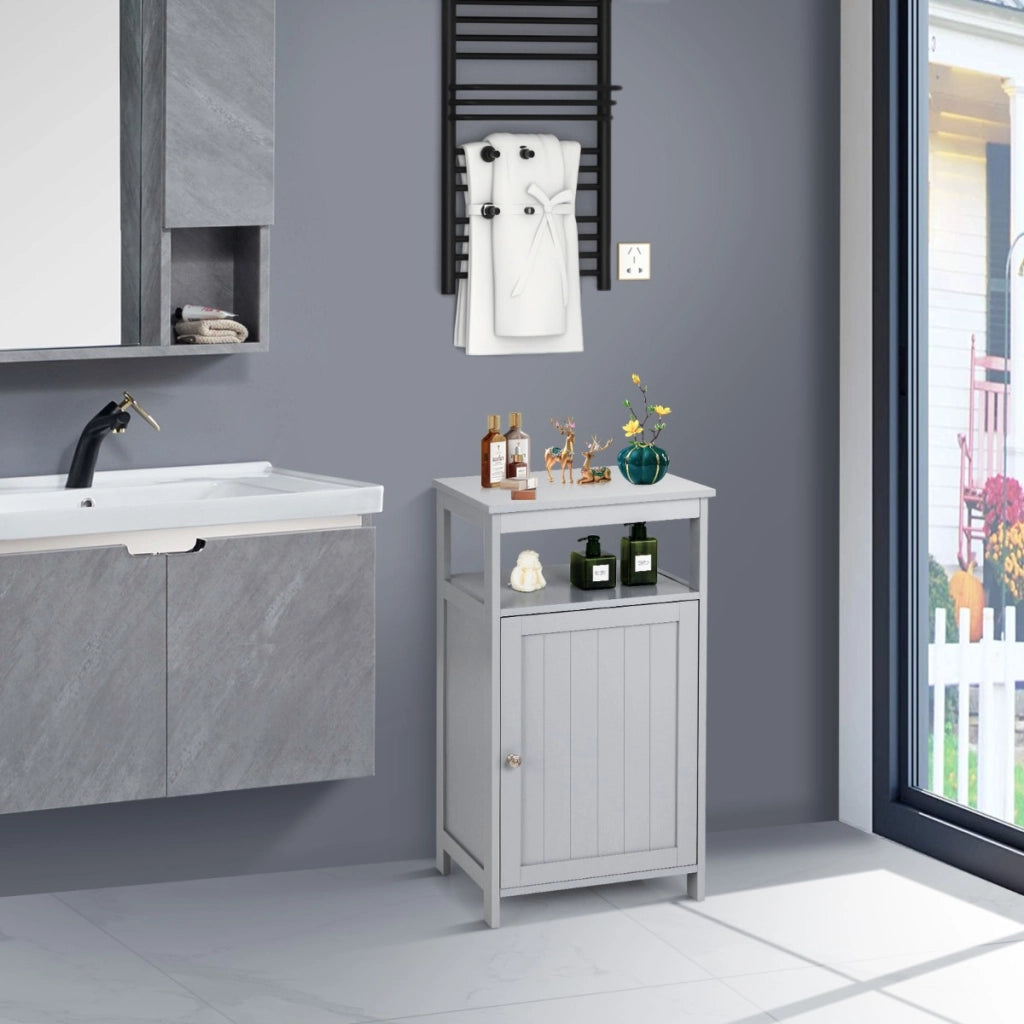 Armadietto del bagno con anta singola e mensola regolabile, Armadio multifunzionale moderno di legno Grigio-Armadietti da bagno
