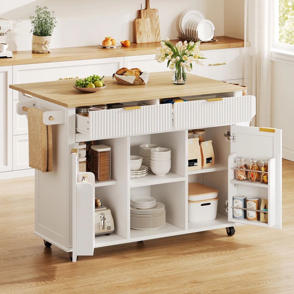 Isola da cucina su ruote 143 x 45 (69) cm con piano ribaltabile, 2 cassetti, 2 ante e vano porta spezie