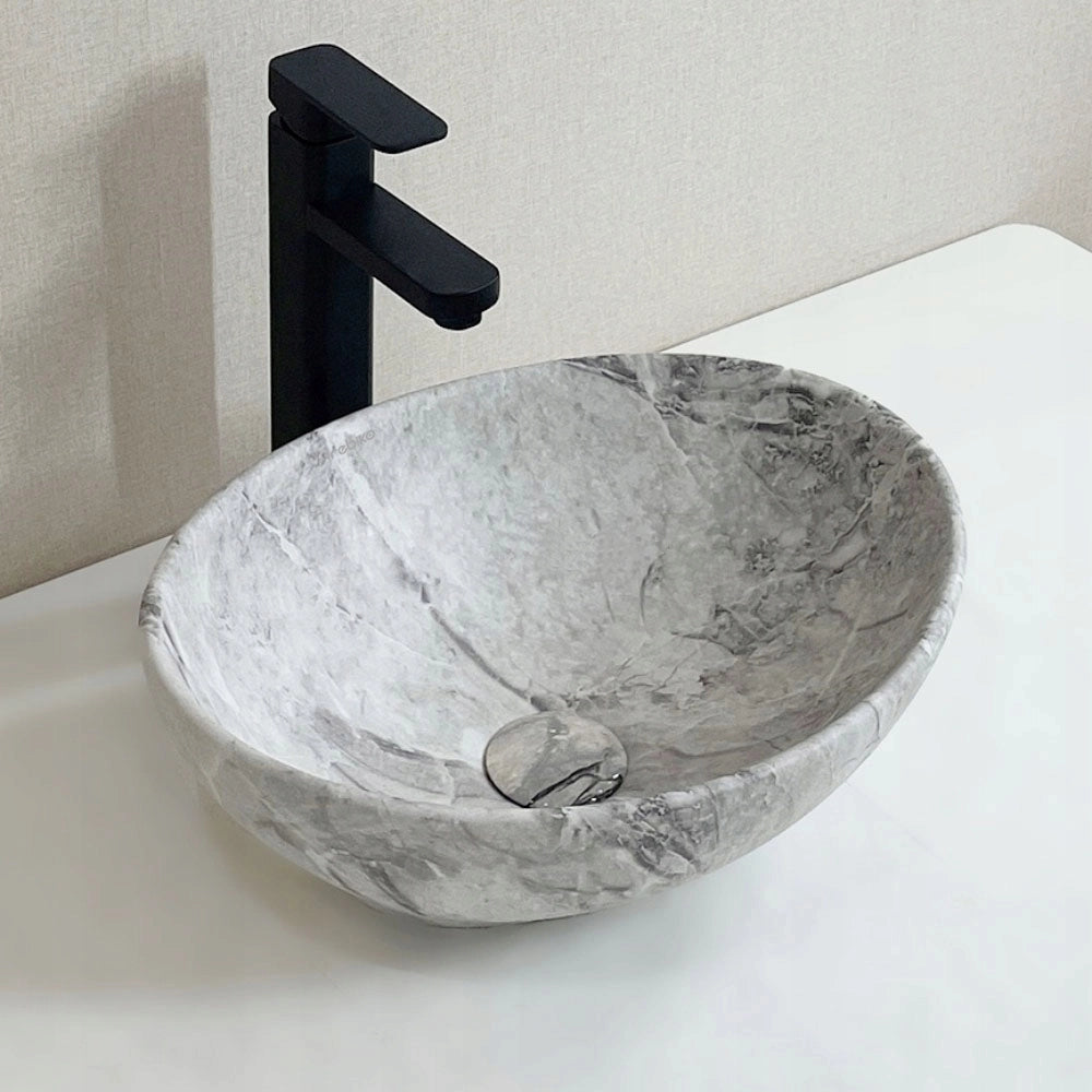 Lavabo da appoggio in ceramica, 42x34 cm, effetto pietra, rotondo
