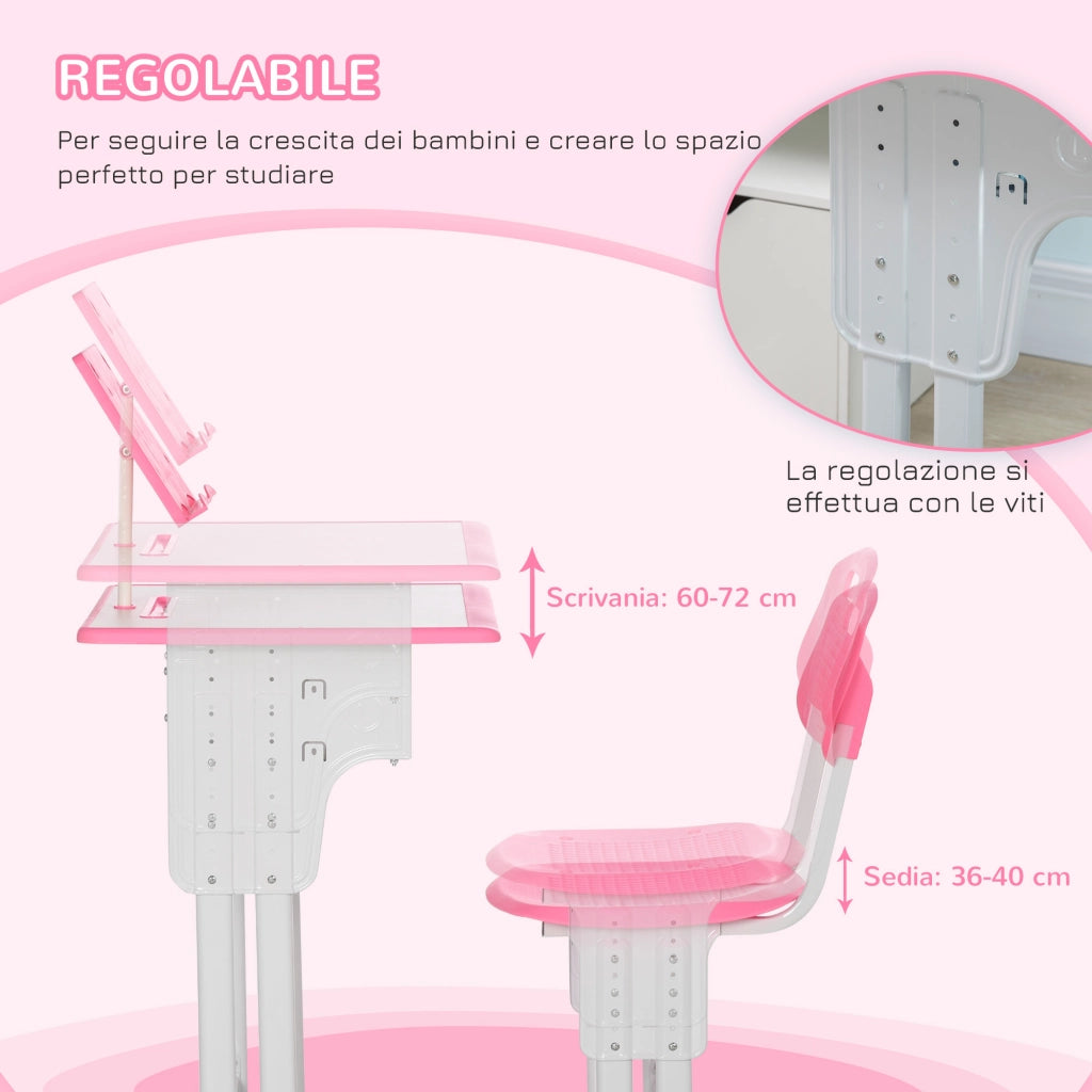 Banco Scuola con Sedia ad Altezza Regolabile per Bambini 6-12 Anni, Acciaio e MDF, Rosa