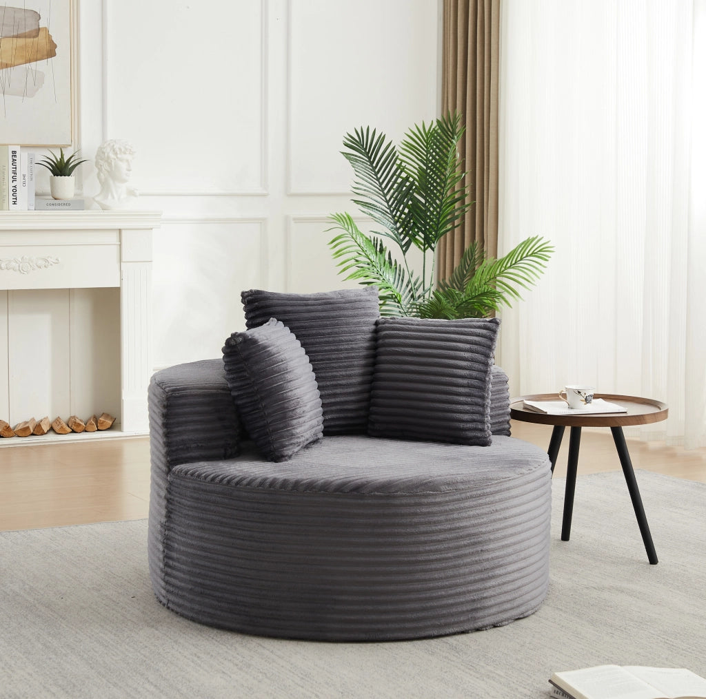 Poltrona rotonda 110x110x82 cm in velluto a coste nero con 3 cuscini, design minimalista
