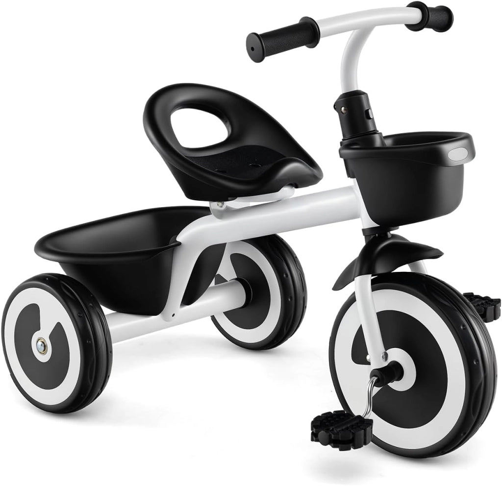 Triciclo Bambino 1-5 Anni, Triciclo Evolutivo con Sedile Comodo Regolabile in 2 Posizioni, Struttura a Triangolo Stabile, 2 Cestini di Stoccaggio, Ruote Antiscivolo, Carico 25 KG (Bianco)