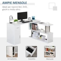 Scrivania Angolare Moderna in Legno con Cassetto, Armadietto e Mensole, Arredamento per Ufficio e Casa, Bianco