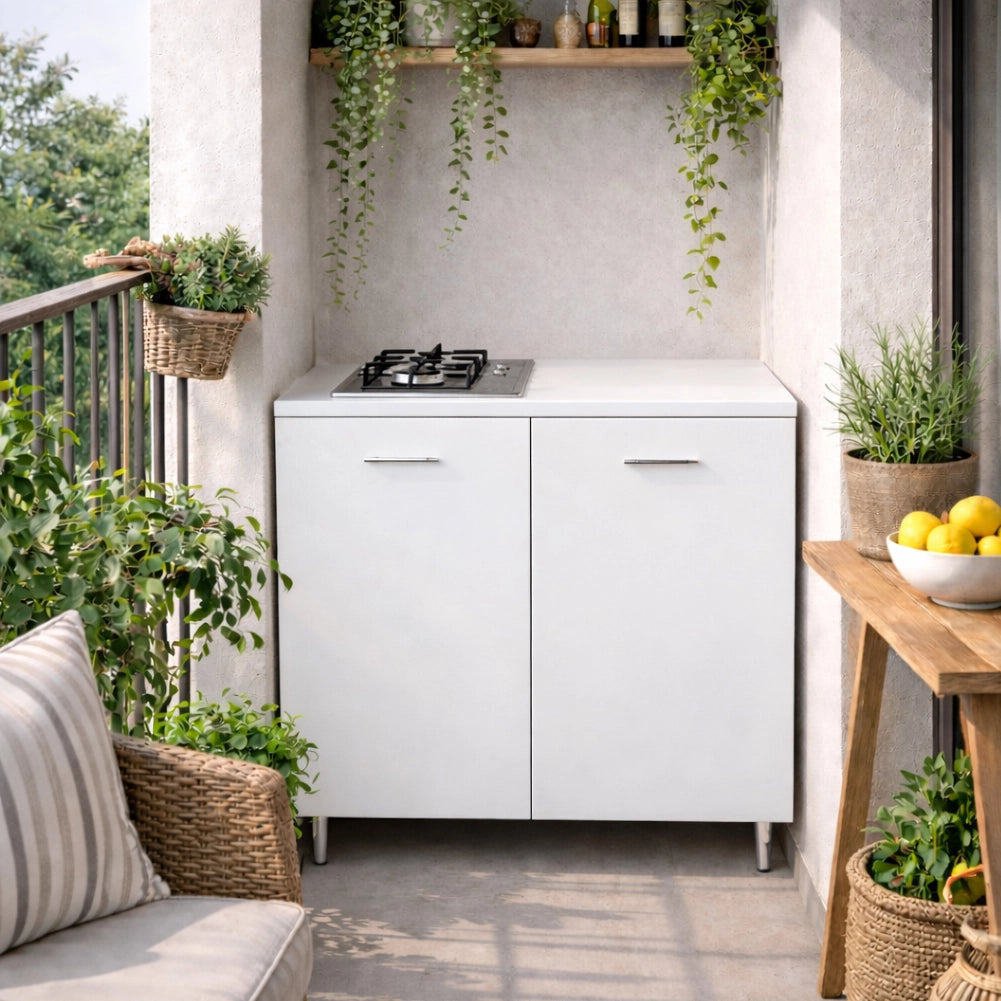 Cucina Completa 80x60x85cm Bianco Piano Cottura 2 Fuochi con Piastre in Ghisa