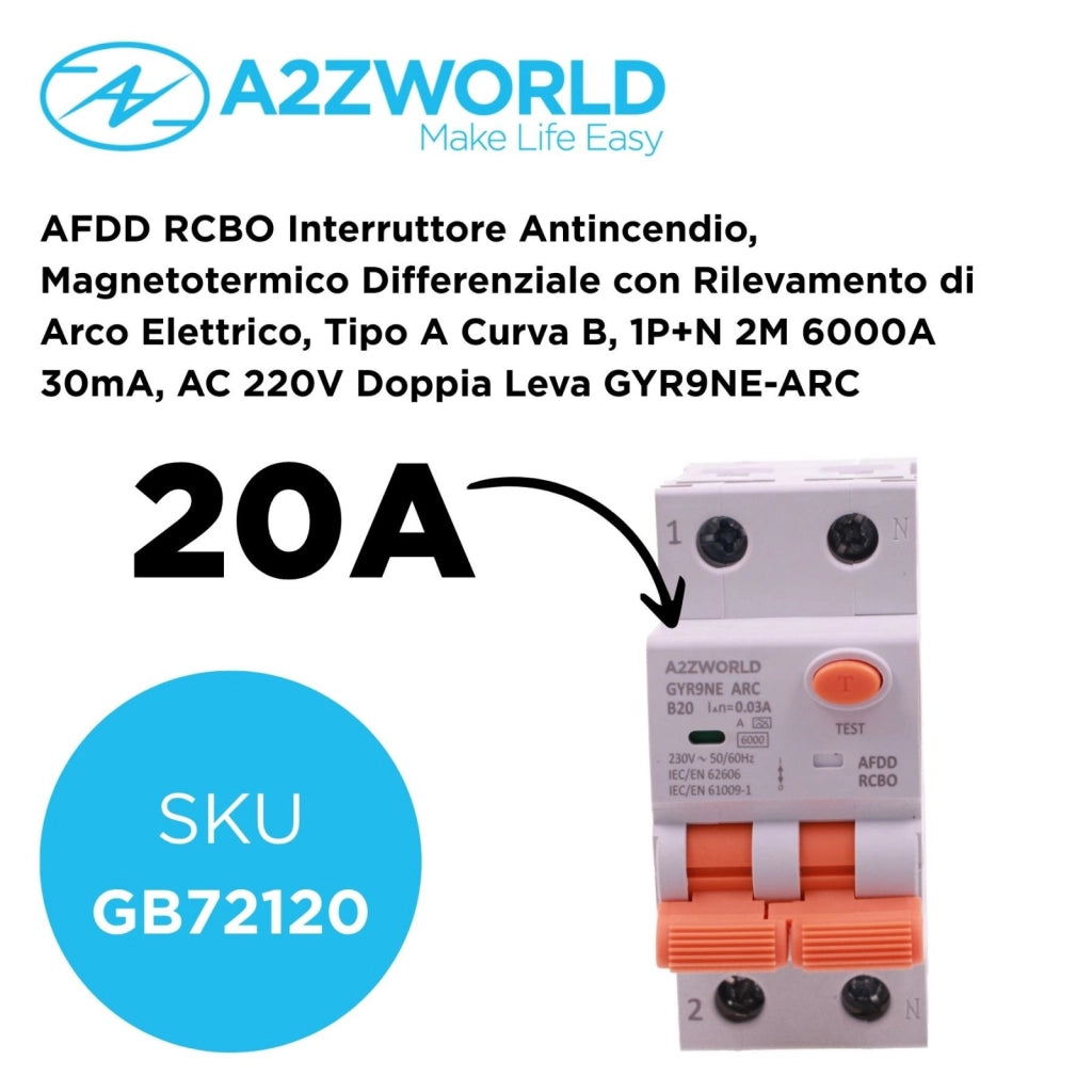 A2ZWORLD AFDD RCBO Interruttore Antincendio, Magnetotermico Differenziale con Rilevamento di Arco Elettrico, Tipo A Curva B, 1P+N 2M 6000A 30mA, AC 220V Doppia Leva GYR9NE-ARC (B20A)