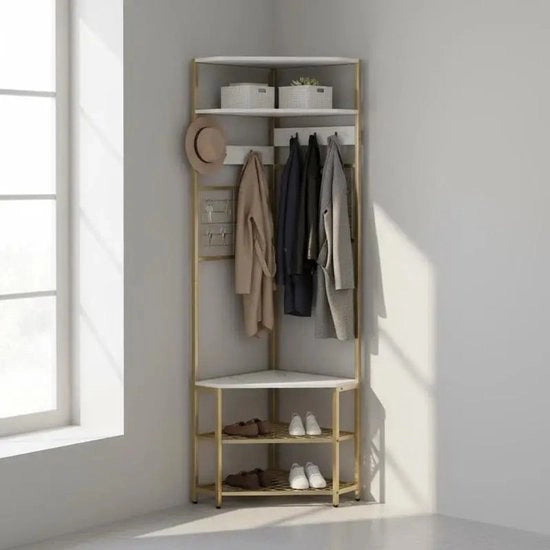 Cassettone di ingresso 5 livelli con appoggio per scarpe e divano, bianco