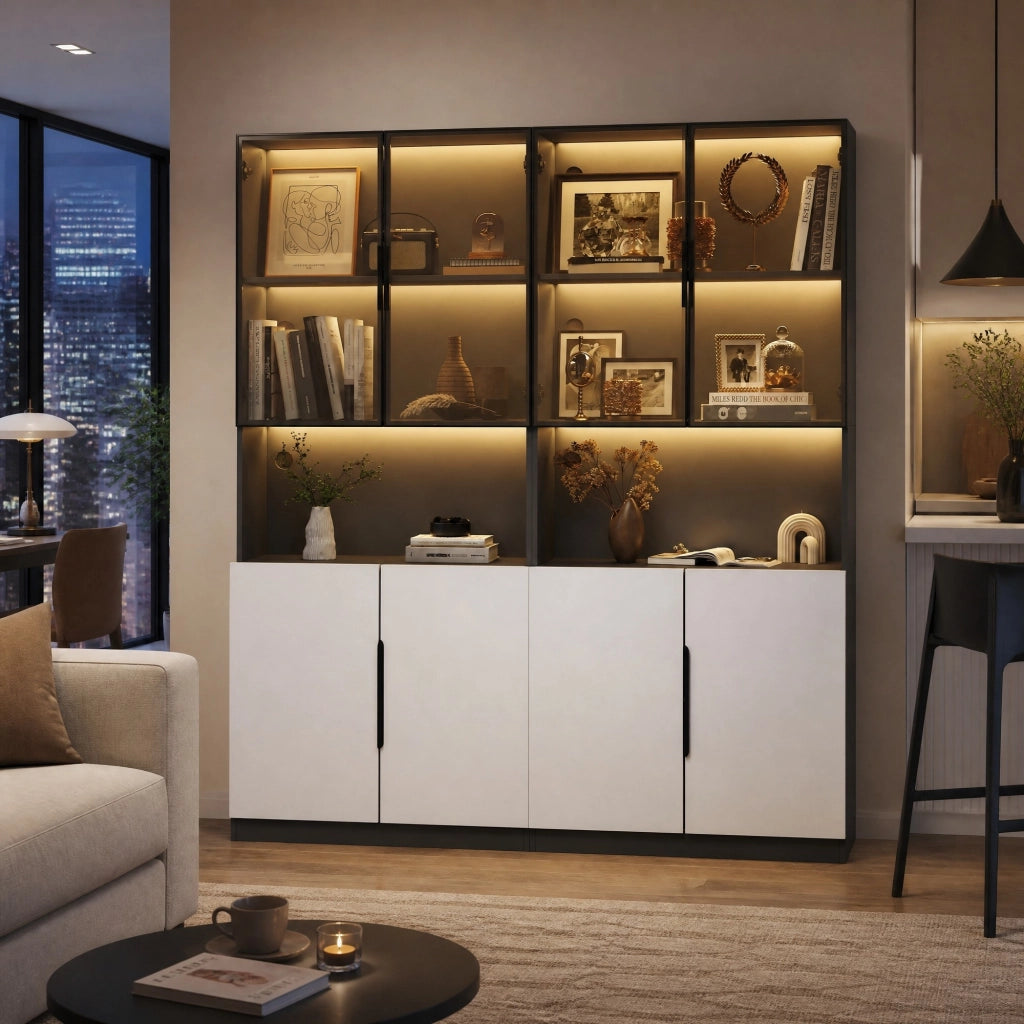 Vetrina moderna in bianco e nero con ante in vetro, LED regolabile, 160x30x200 cm