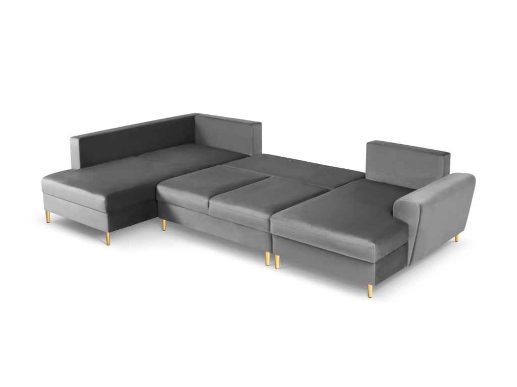 Cosmopolitan Design - Divano panoramico convertibile sinistro con contenitore "Kyoto" 7 posti in velluto grigio chiaro 