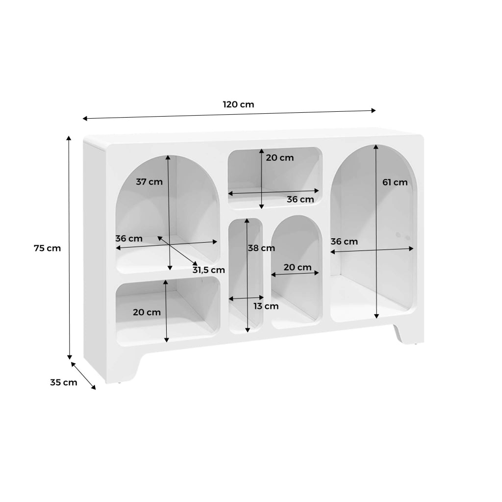 Credenza organica a 6 scomparti effetto legno, 120cm, bianco