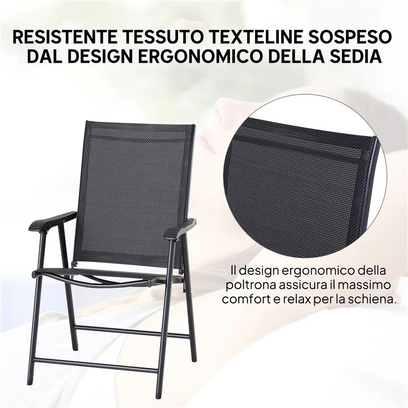 SET 2 SEDIE DA GIARDINO PIEGHEVOLI CON BRACCIOLI IN METALLO E TEXTELINE, 58X64X94CM, NERO