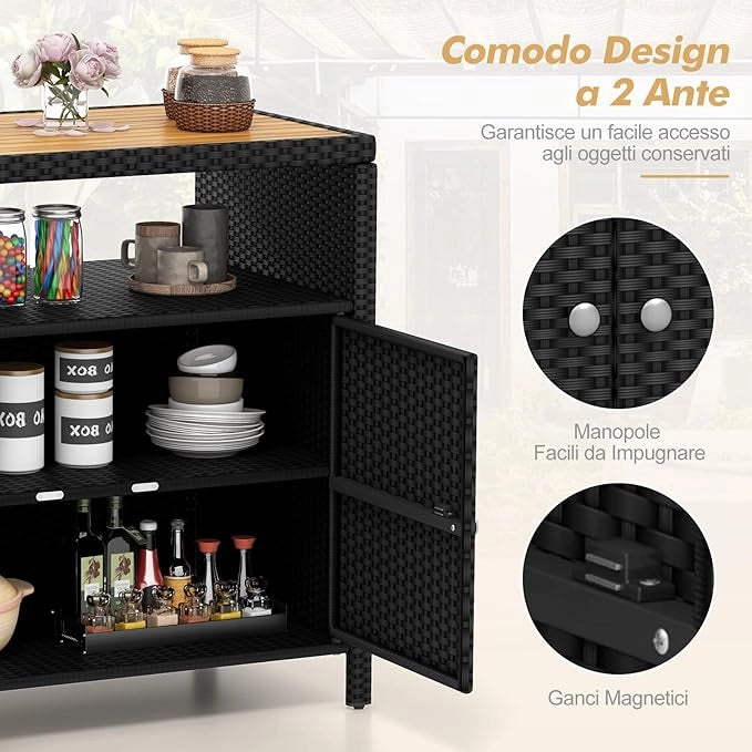 Armadietto Portaoggetti in Rattan, Mobile Buffet per Esterni in Legno di Acacia, Con Compartimento Aperto e Armadio Chiuso a 2 Ante, per Piscina, Terrazza e Patio, 90 x 53 x 86 cm (Nero)