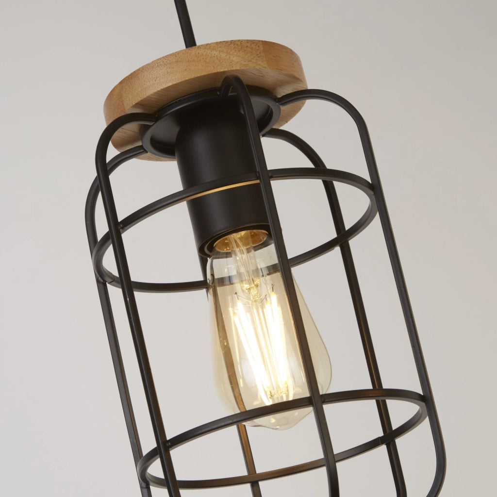 Vision 3Lt Bar Pendant - Metallo nero opaco e legno