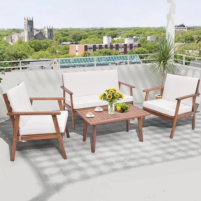 Set di Conversazione da Esterno in 4 Pezzi, Set da Divano in Legno di Acacia con Cuscini Morbidi per Sedile e Schienale, Tavolino da Caffè Rettangolare, per Patio Giardino Piscina (Bianco)