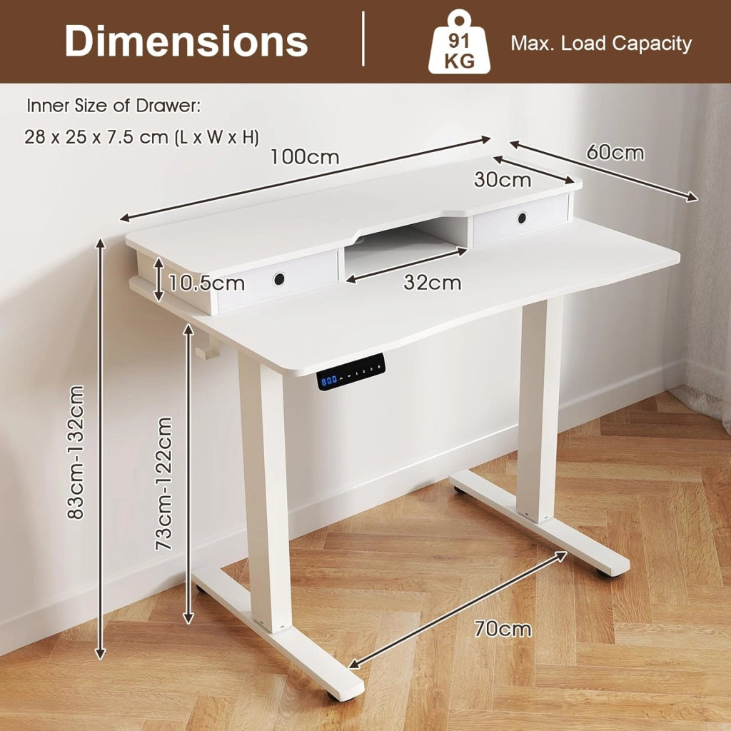 Scrivania regolabile in altezza, scrivania elettrica con supporto per monitor, 2 cassetti, 2 ganci, piccolo tavolo per computer con altezza regolabile di 73-122 cm, per studio e ufficio