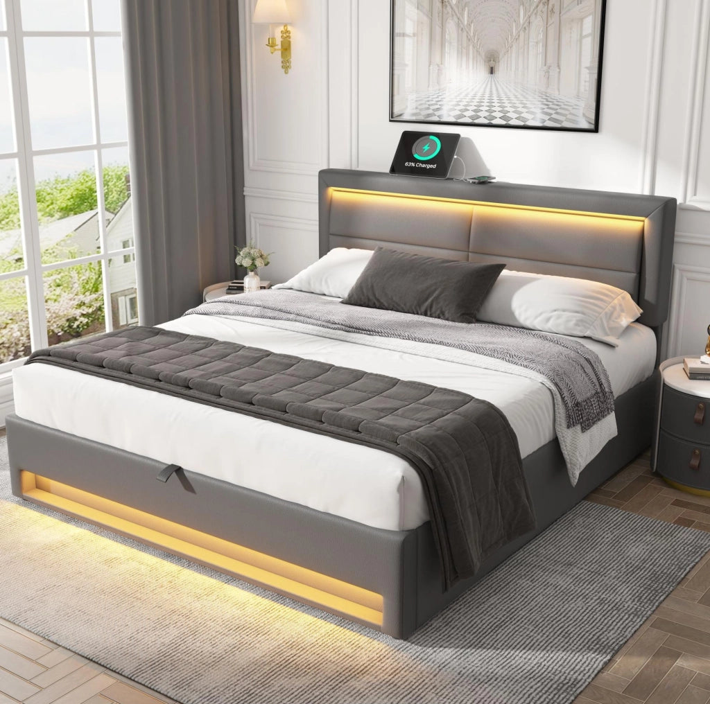 Letto imbottito 140x190 cm con USB; ricarica wireless; LED e contenitore; PU grigio