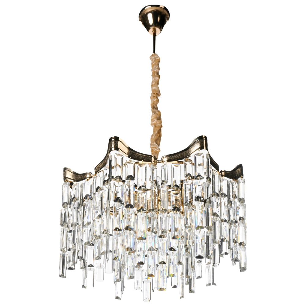 Lampadario in ferro dorato con cristalli sintetici acrilici design a più livelli stile glamour effetto scintillante