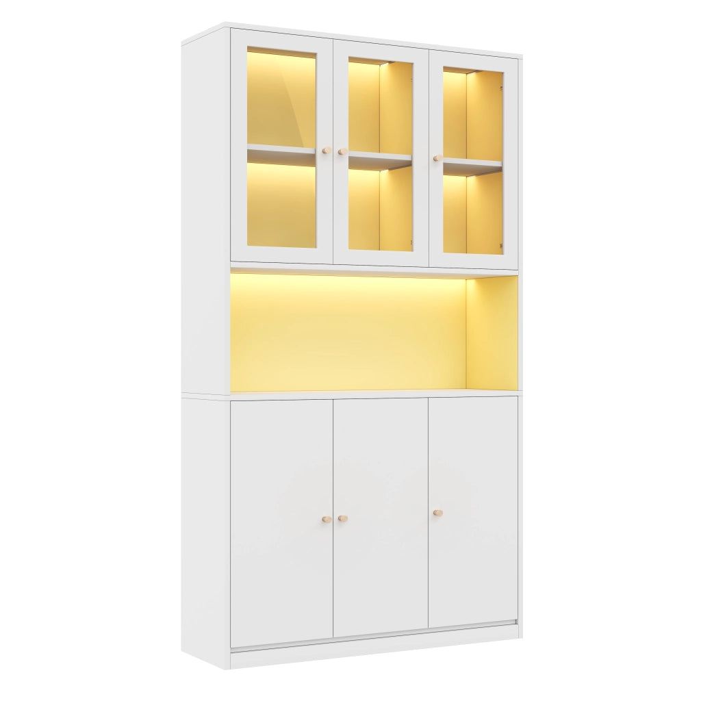 Libreria alta 100×35×200 cm con vetrina in vetro, LED multicolore, vani aperti e 3 ante, bianco