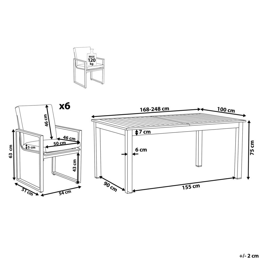 Set da pranzo da giardino in 7 pezzi Tavolo allungabile in alluminio bianco e 6 sedie con cuscini grigi