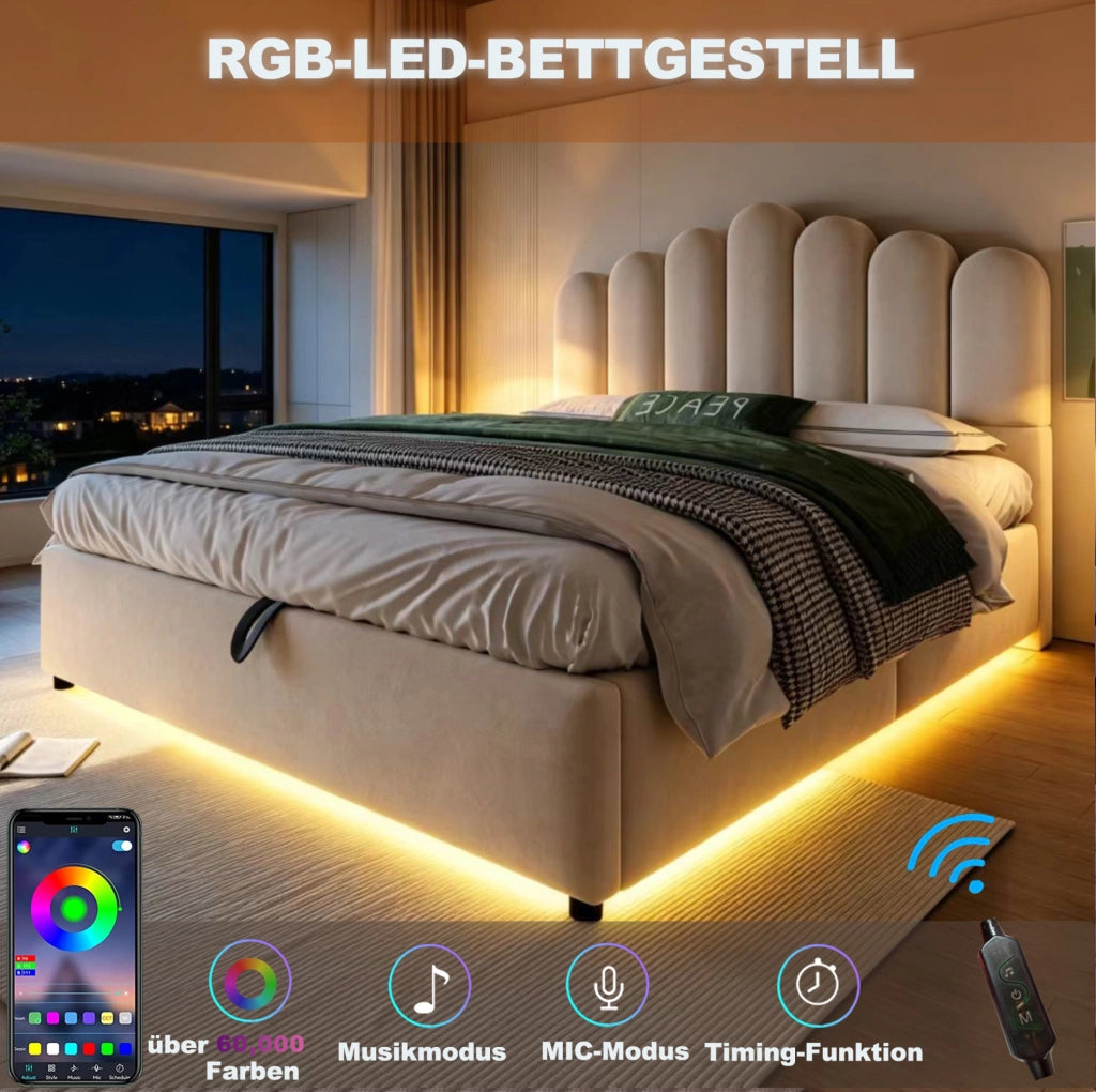 Letto matrimoniale imbottito 140x200 cm con contenitore idraulico; LED e velluto beige