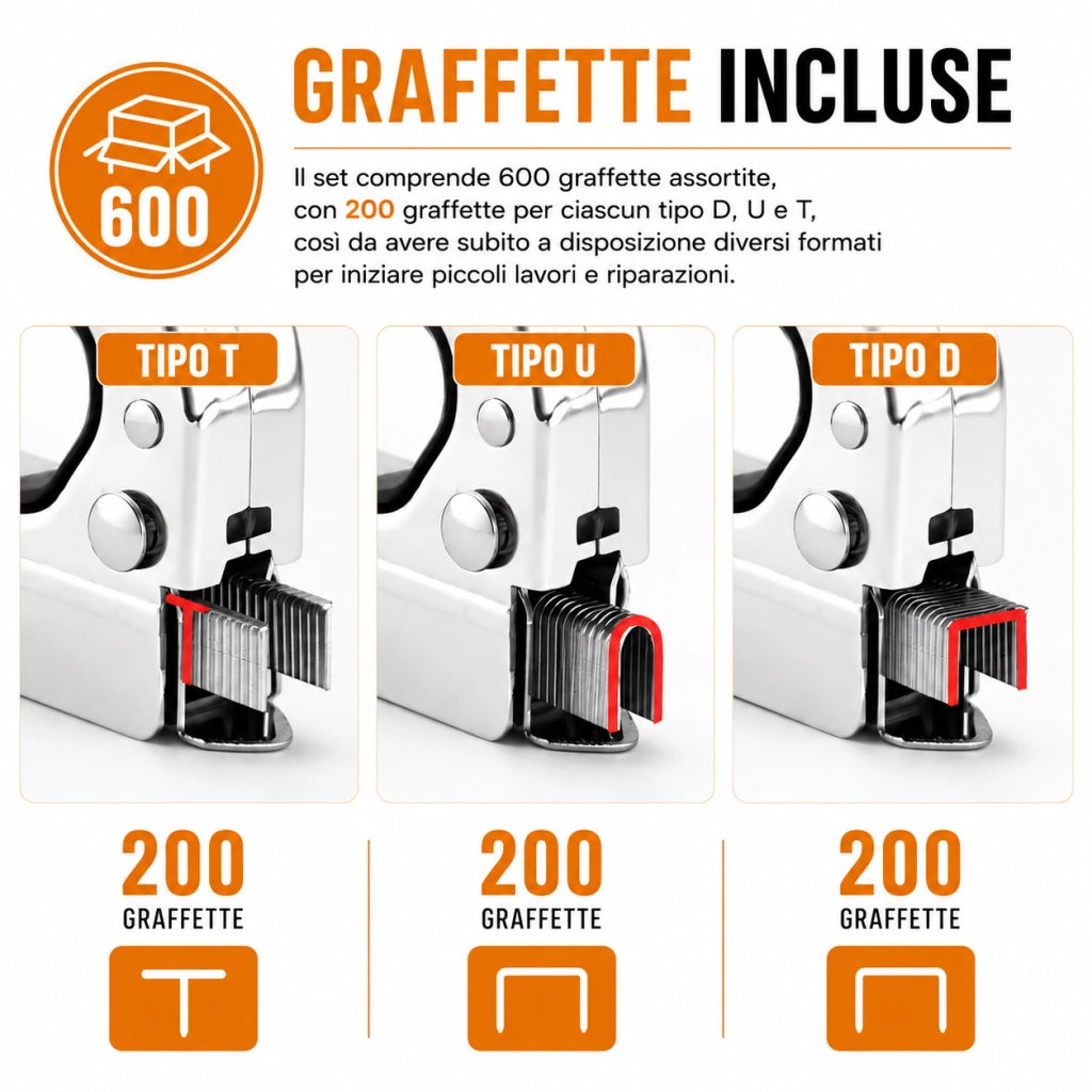 Spillatrice Manuale 3 in 1 Arancione con 600 Graffette D U T