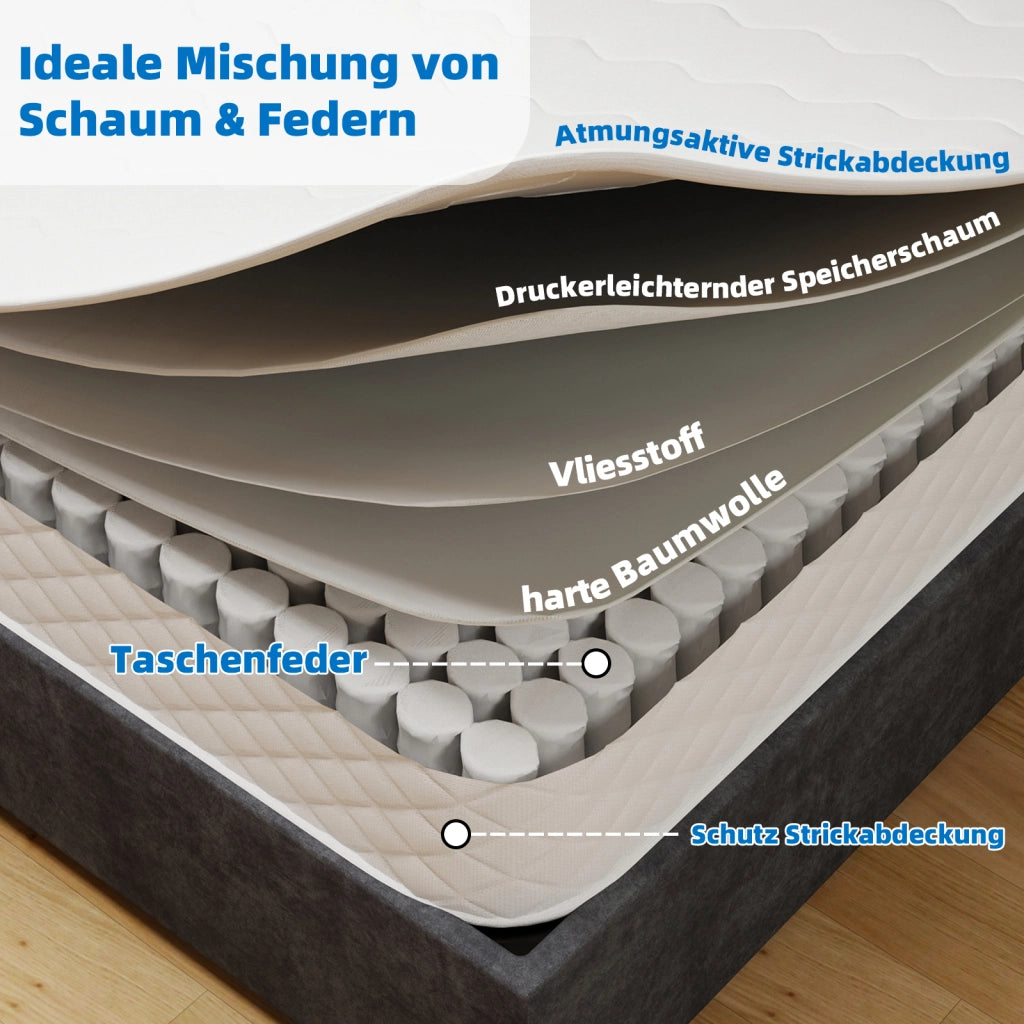 Materasso matrimoniale 160 × 200 cm in schiuma viscoelastica con molle insacchettate, traspirante, bianco