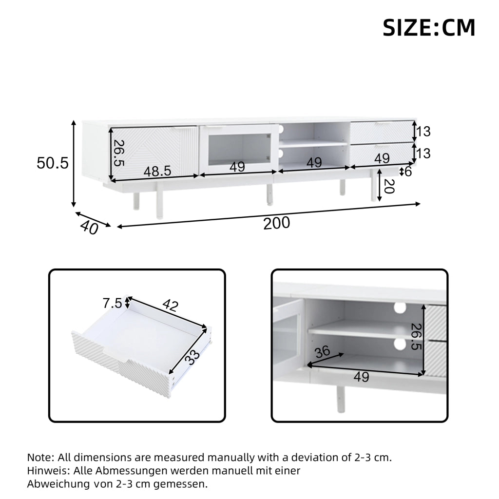 Mobile porta TV moderno con 2 ante e 2 cassetti in truciolare e vetro temperato bianco 200 × 40 × 50,5 cm