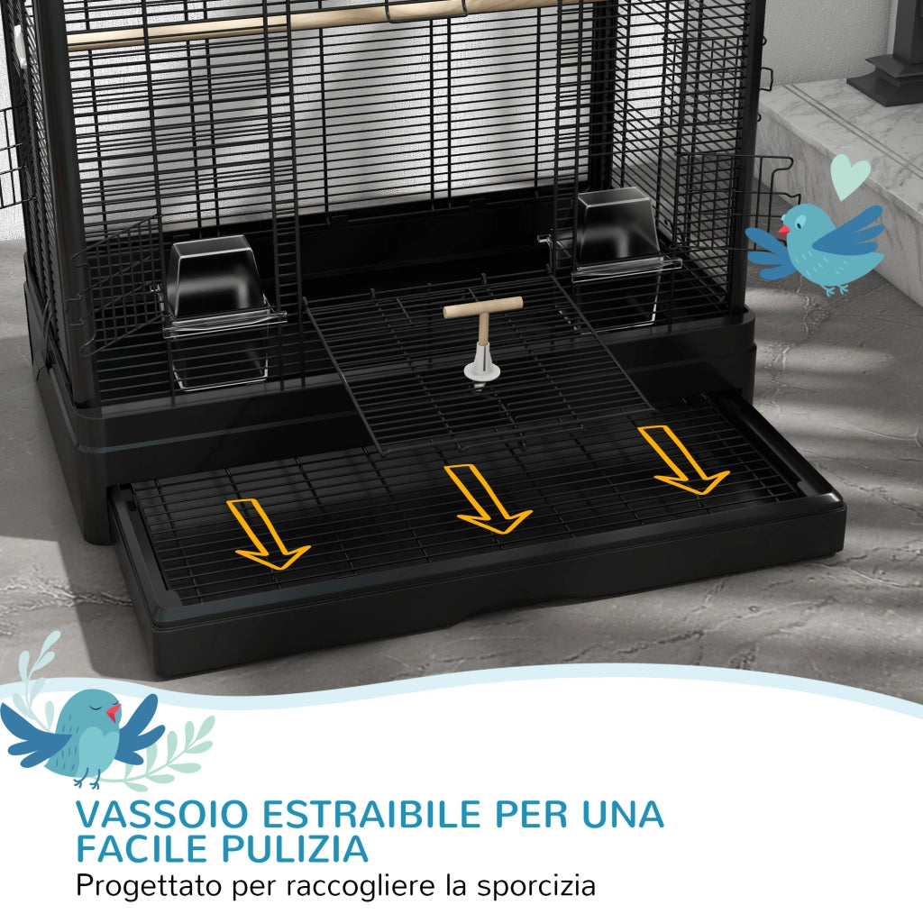 Gabbia per Uccelli 61x36.5x98 cm con Vassoio Estraibile e Posatoi Voliera per Pappagalli Nero