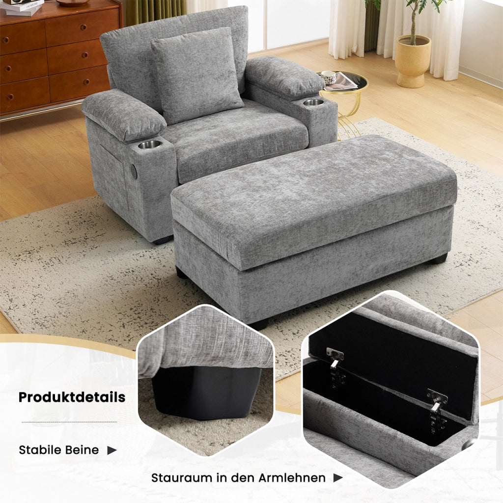 Chaise longue in ciniglia con portabicchieri, vano contenitore nei braccioli e supporto ergonomico grigio