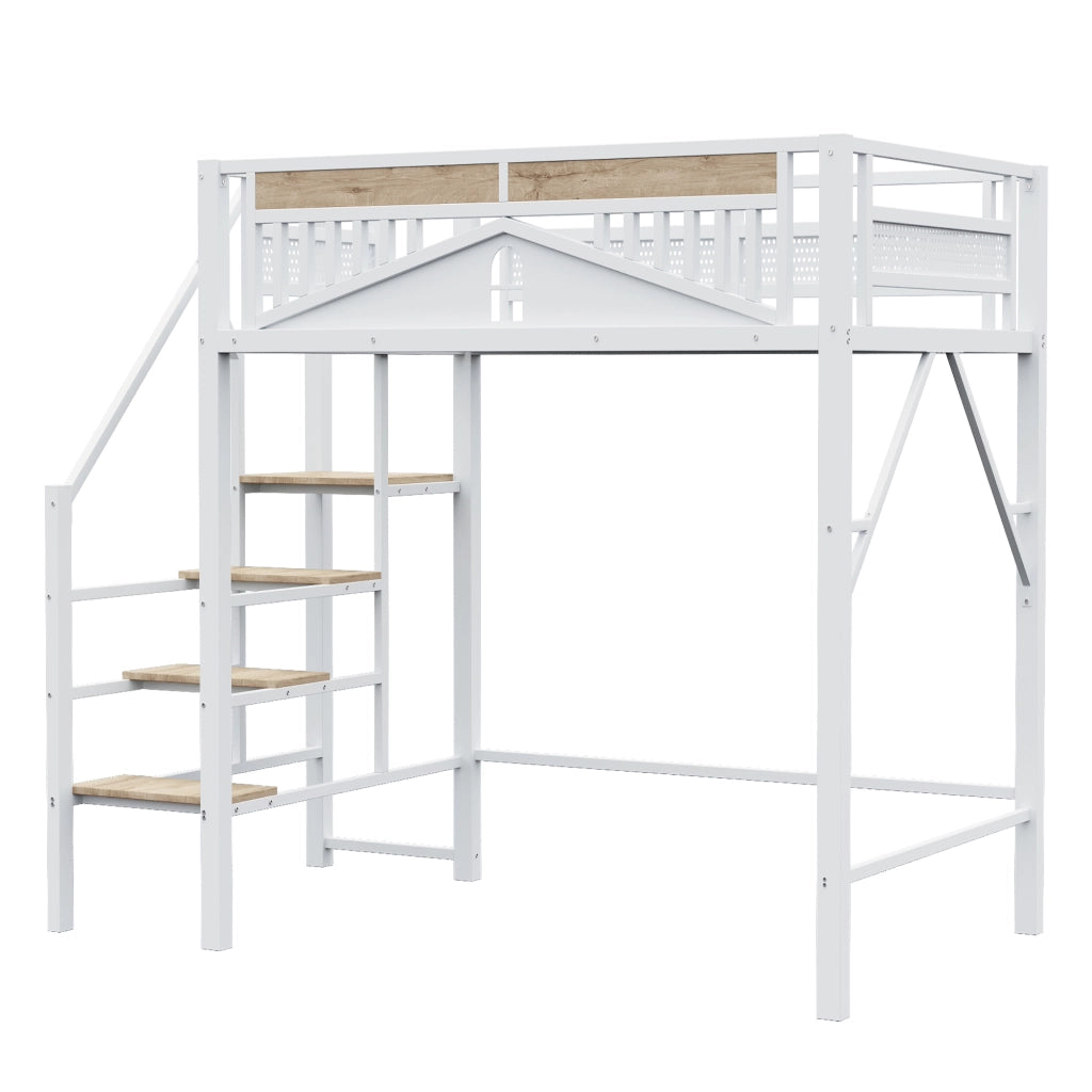 OKWISH Letto a Soppalco 140×200 cm, Letto Matrimoniale con Scala di Sicurezza, Contenitore e Sponde, senza Materasso, Metallo, Bianco