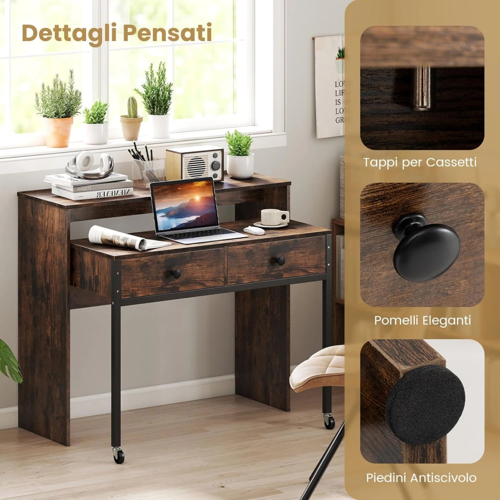 Scrivania per Computer, Tavolo Salvaspazio Retrattile con Cassetti e Ruote Universali Bloccabili, 100 x 63 x 88 cm, Desk Gaming per Ufficio, Soggiorno e Camera da Letto (Marrone)